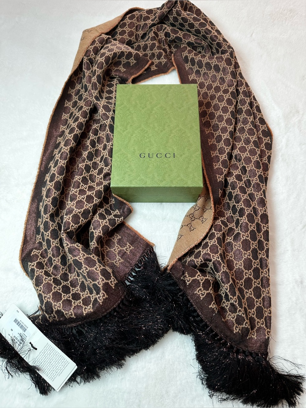 Gucci Brown & Tan GG Logo Scarf with brown Fringe